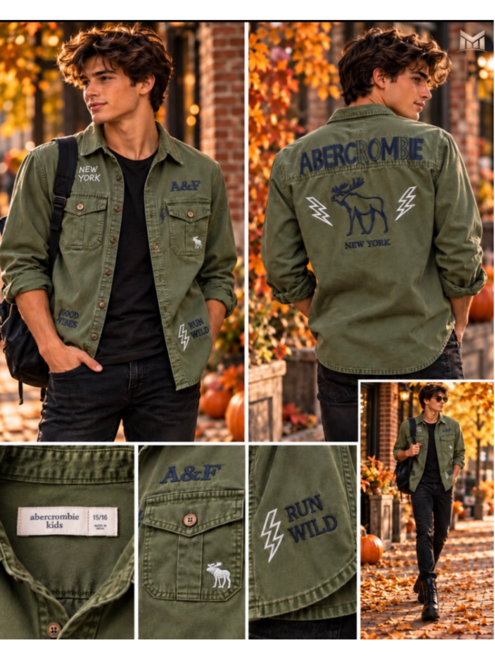 Abercrombie Kids 15/16 Olive Green Embroidered Utility Shirt Moose Y2K